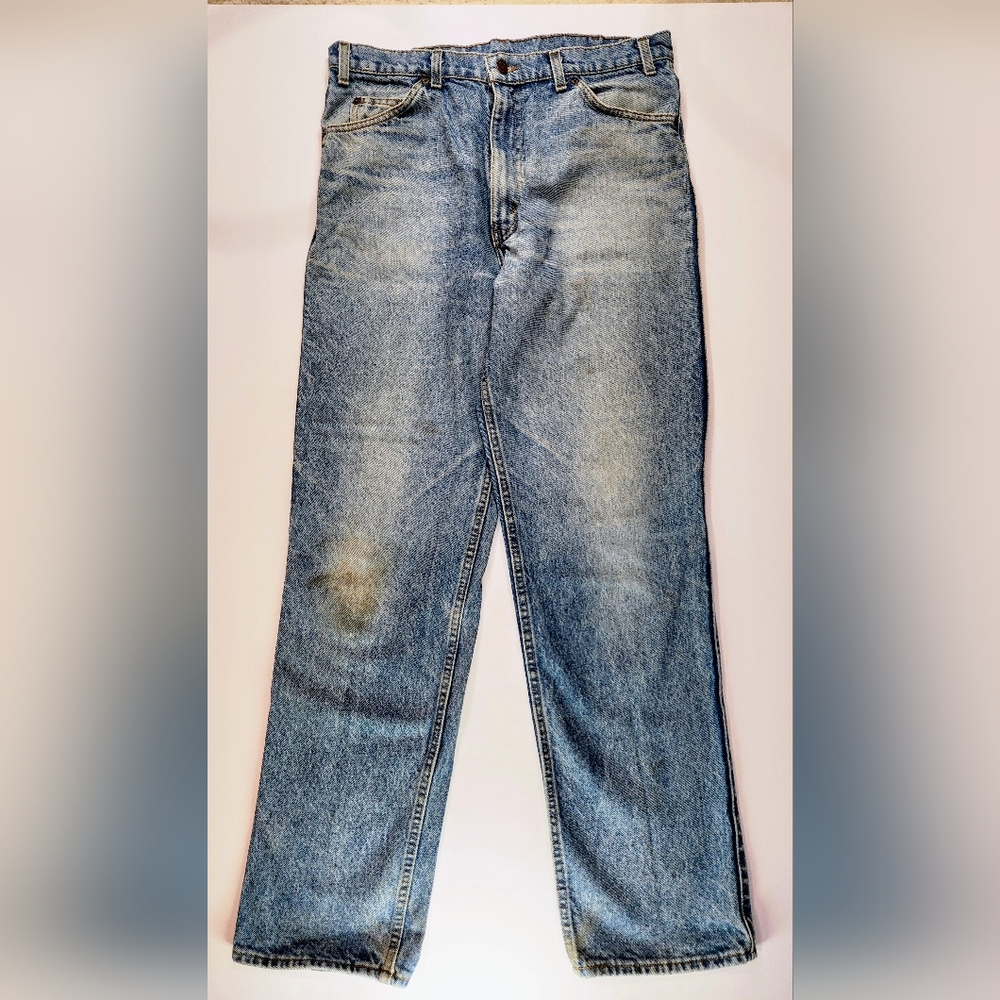 Levi’s 549 Brown Leather Tab Jeans Mens 36 x 34 USA Made Light Wash 80s 90s 0129